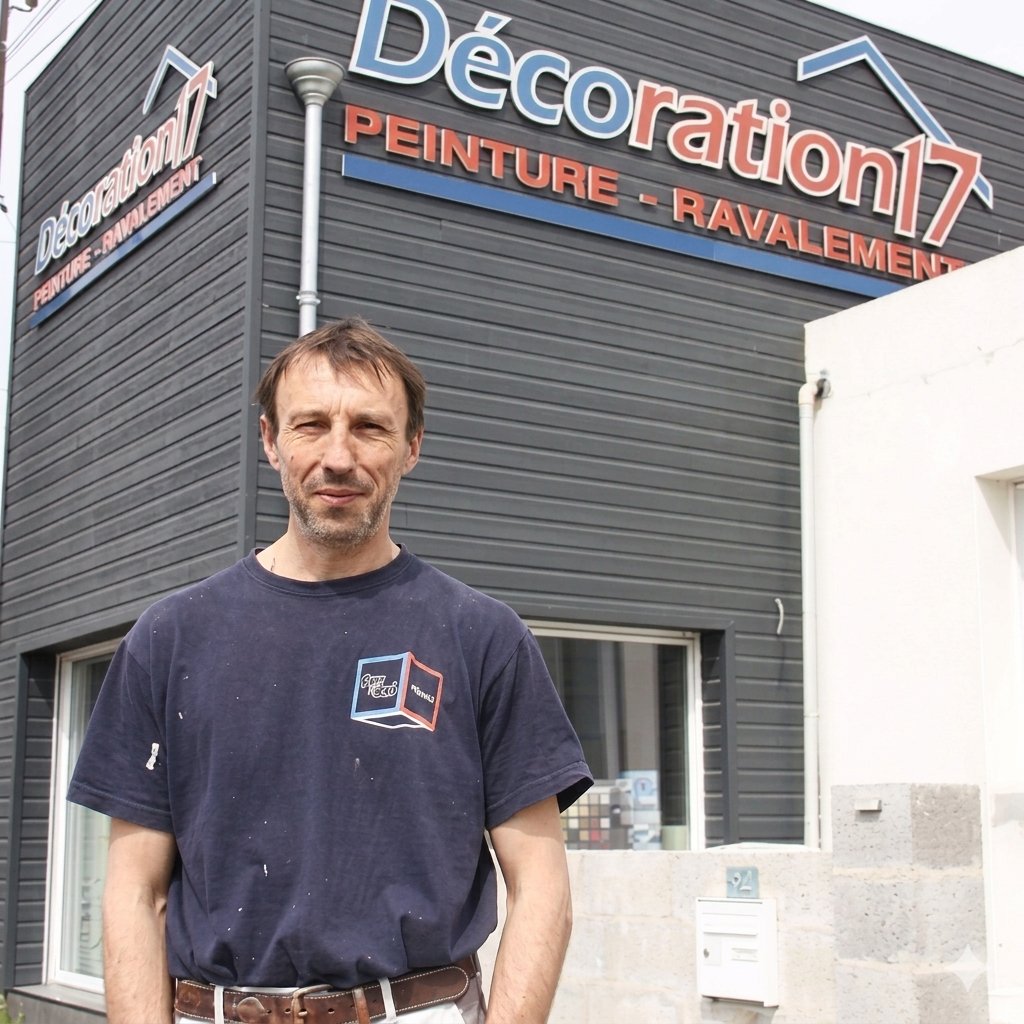 Olivier Moreau, artisan peintre, devant l'atelier Décoration17 à Tonnay-Charente